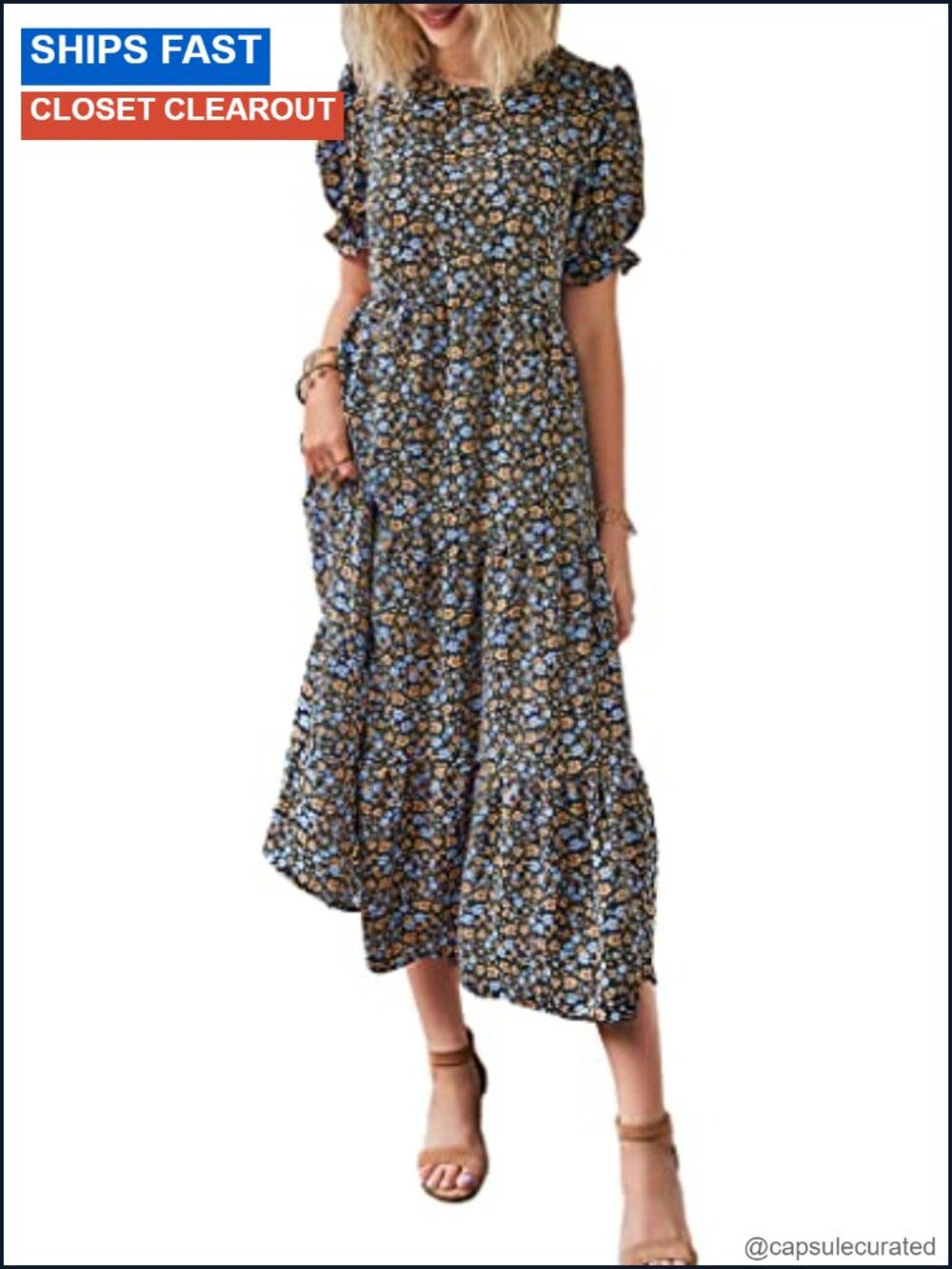 Women's Midi Floral Print Dress Puff Sleeve A-Line High Waist Ruffle Hem